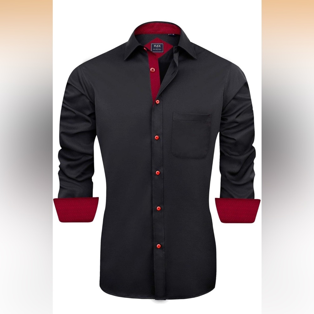 Men’s Casual Black Button-Down Shirt with Red Contrast Wrinkle-Free Size L